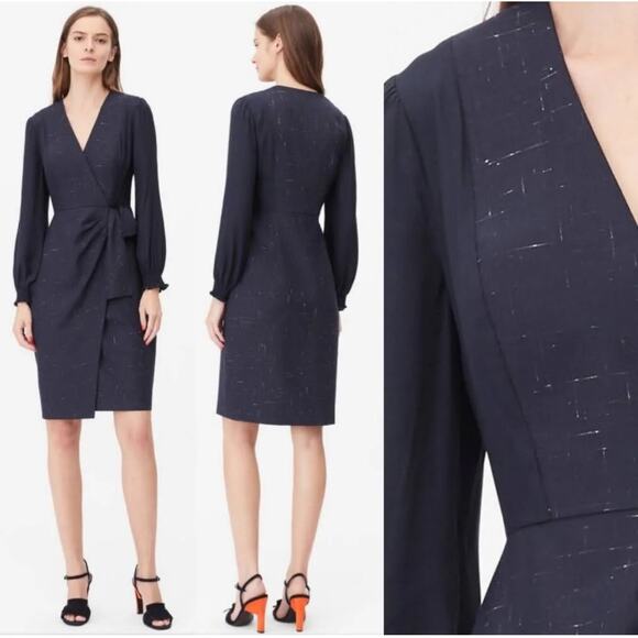 Rebecca Taylor Tailored Navy Wrap Dress Virgin Wool  Silk Blend Sz 4 Minimal - Picture 1 of 9